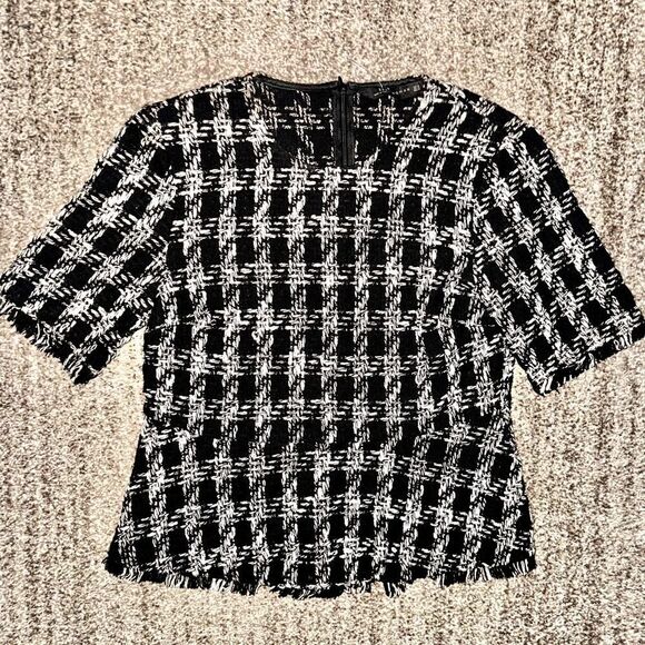 ZARA Women's Houndstooth Tweed Peplum Short Sleeve Knit Blouse Shirt XS - Picture 1 of 10
